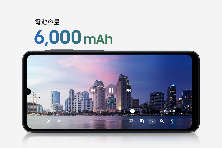 一部 Galaxy A07 5G 顯示河畔的城市景觀，左半邊為白天，右半邊為夜晚。文字標示「電池容量 6000 mAh」。