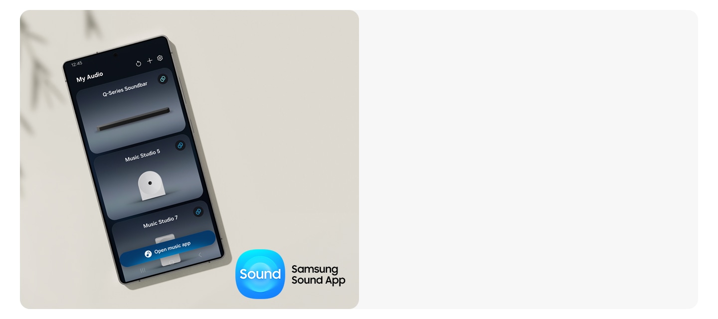 智慧型手機上的 Samsung Sound 應用程式 UI，使用者可以在此連接各種裝置並調整設定。Samsung Sound 應用程式標誌。