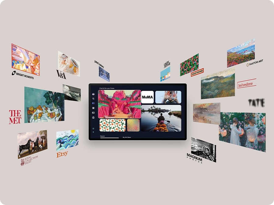 The Movingstyle 顯示 Art Store 主畫面，周圍呈現來自多家知名畫廊與博物館的藝術作品，包括 Bright Moments、V&A、The Met、Royal Collection Trust、Etsy、Print Bakery、Union Artfair、Toiletpaper、Saatchi Art、Belvedere、TATE 與 Magnum Photos 等。