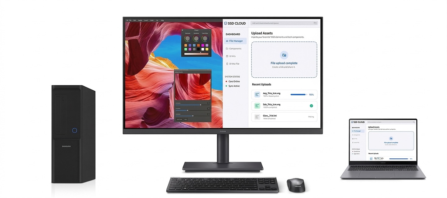 當 KVM Switch 開啟時，訊號源 A 產生反應並開啟螢幕左側畫面。再次開啟 KVM Switch 後，訊號源從 A 切換至 B，此時則開啟螢幕右側畫面。