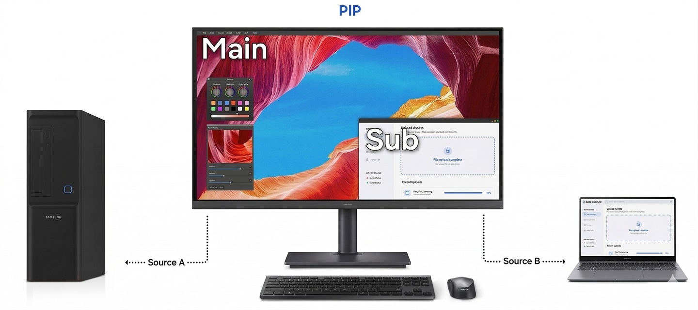 支援子母畫面 (PIP) 功能的顯示器同時顯示主畫面與子畫面。主畫面連接到訊號源 A (桌上型電腦)，子螢幕連接到訊號源 B (筆記型電腦)。然後，顯示器開啟分割畫面 (PBP) 功能，切換至分為 A 和 B 的分割畫面模式。 A 區域顯示來自訊號源 A 的內容，B 區域顯示來自訊號源 B 的內容。