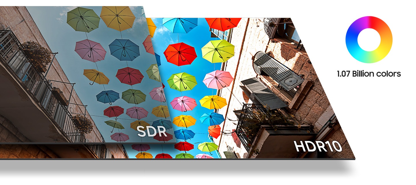 下方的 HDR10 螢幕所呈現更清晰的雨傘影像，比上方 SDR 螢幕更清晰。螢幕上出現色輪圖示，顯示 10.7 億種色彩。