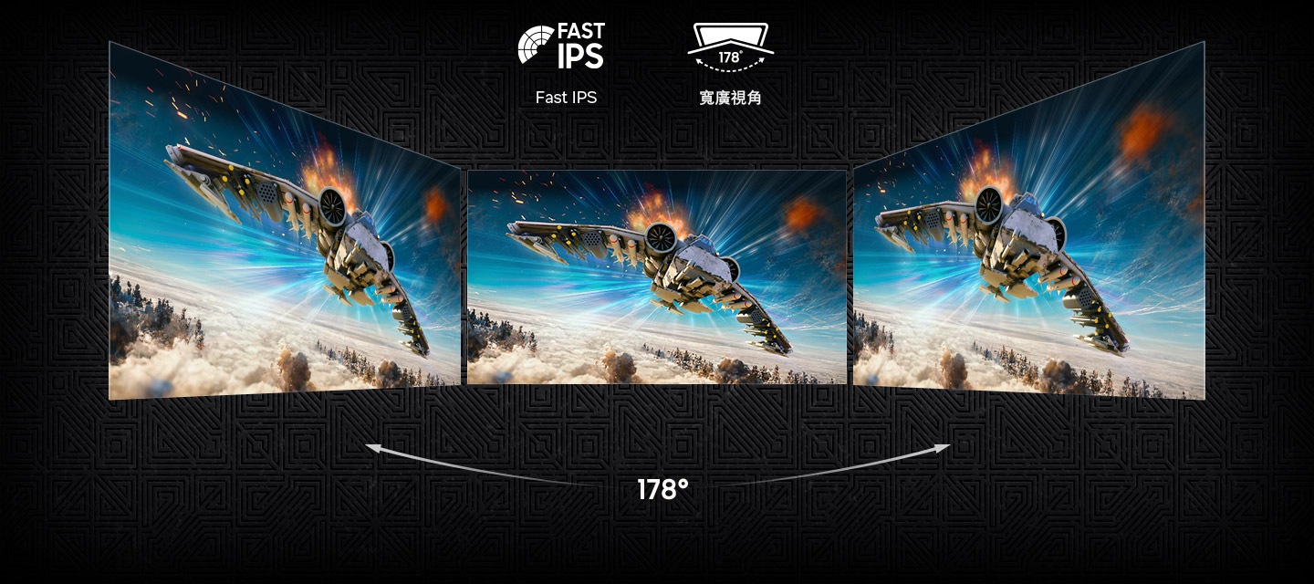 Fast IPS 標誌與 178 度超廣視角標誌。三部顯示器以不同角度呈現相同的空戰場景。