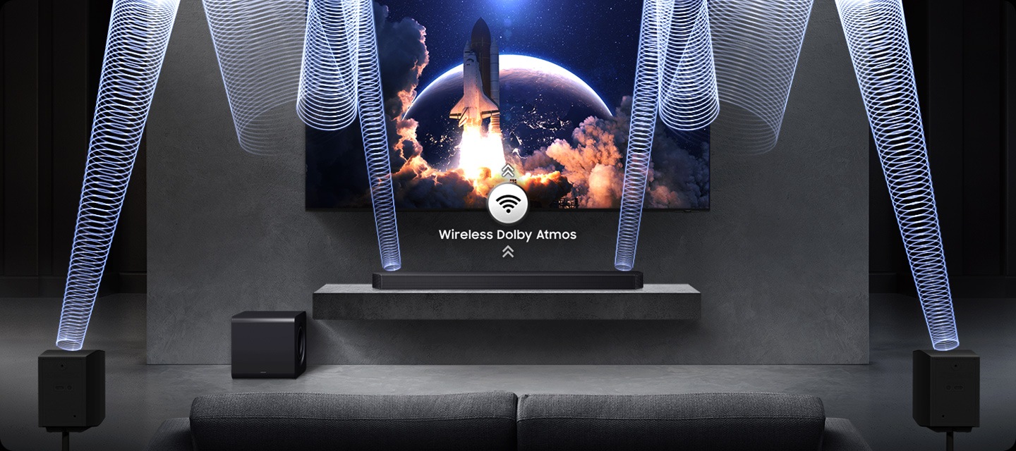 單件式音響安裝在電視下方的特寫。畫面顯示無線 Dolby Atmos 字樣與帶有向上箭頭的無線圖示。畫面拉遠，呈現配備單件式音響、重低音喇叭及後環繞喇叭的完整電視音響系統。聲波從單件式音響與後環繞喇叭發散而出，並從天花板反射向下。