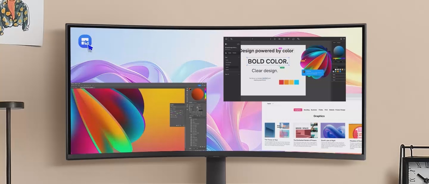 螢幕上顯示著三個應用程式。游標點擊 Samsung Display Manager 圖示後，進入影像設定並調整螢幕亮度。接著，點擊分割畫面功能並開啟快速分割。最後，將各個應用程式視窗拖曳至畫面頂端的版面配置圖示上，將程式放置於相對應的分割畫面視窗中。