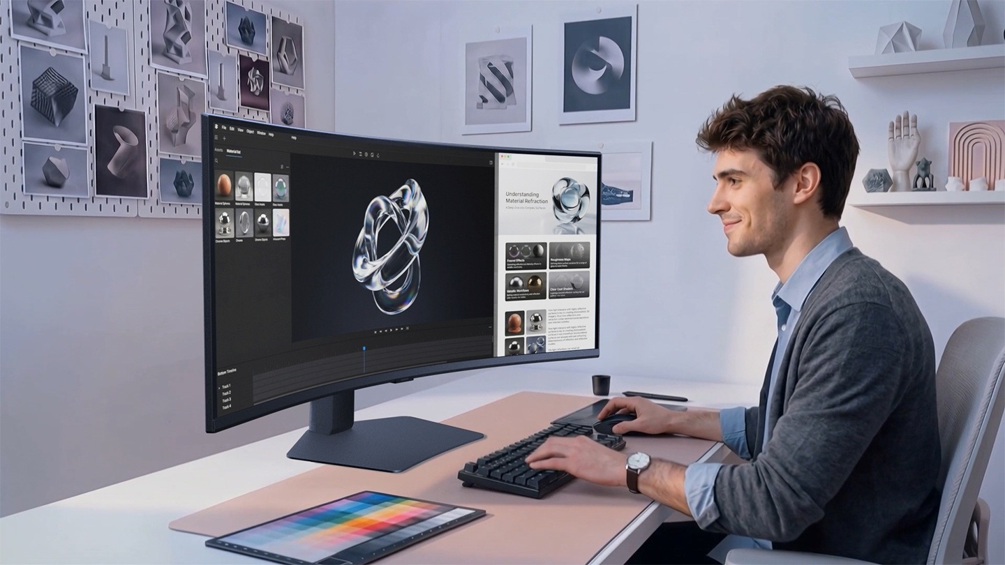 一名設計師在桌前使用 ViewFinity S85TH 顯示器製作 3D 模型，螢幕上顯示著編輯工具與參考面板。接著是兩位設計師在桌前使用 ViewFinity S85TH 顯示器協作，一起審視色彩豐富的室內設計配置圖與概念板；最後則是一名影片剪輯師在桌前使用 ViewFinity S85TH 顯示器，在剪輯程式中編排影片片段與時間軸。
