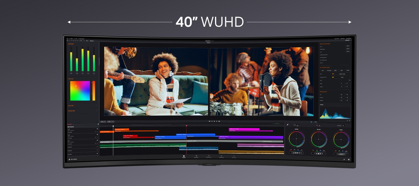 32吋 UHD 螢幕上開啟一個影片剪輯應用程式。然後螢幕放大至 40吋 WUHD，露出一塊空白區域。螢幕上顯示影片編輯應用程式，兩段影片並排呈現，之後切換為分割畫面。左側開啟了兩個文件，右側則顯示一個 AI 聊天介面。