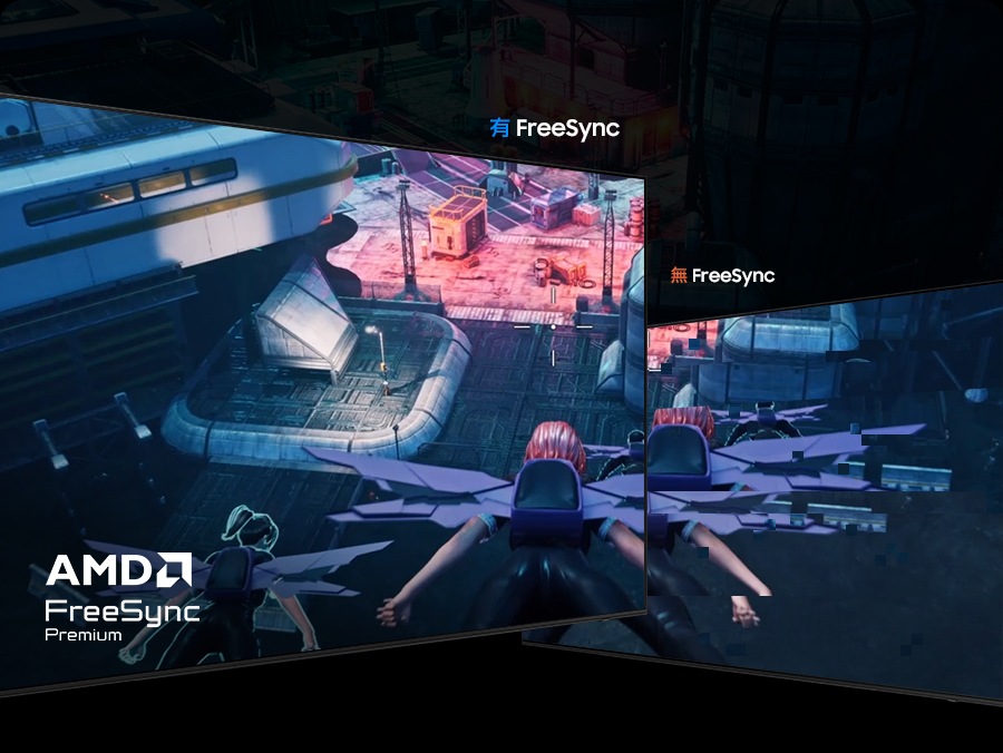 啟用 AMD FreeSync Premium 時，螢幕上的奇幻遊戲畫面流暢且清晰呈現；未啟用 FreeSync 時，畫面則出現明顯的撕裂現象。