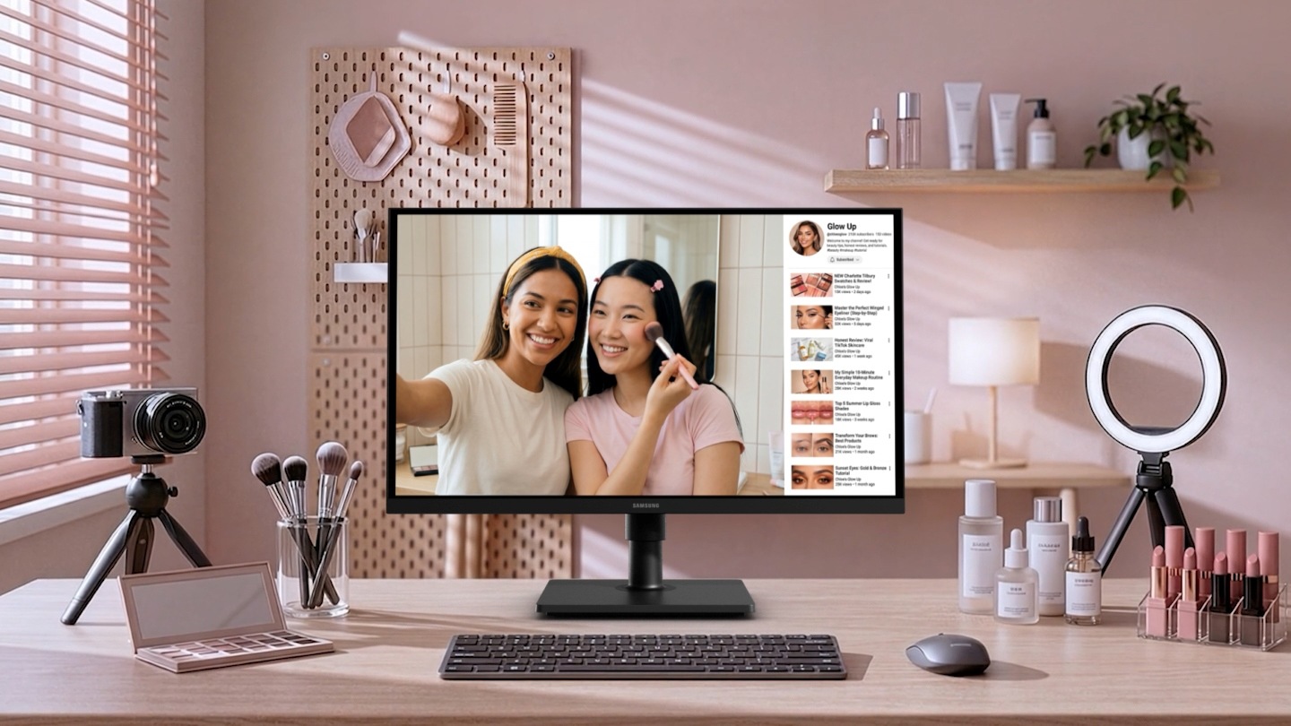 展示 Samsung ViewFinity 在不同場景中的應用：在美妝創作者的工作室中顯示美妝影片；在傳統辦公室環境中顯示數據與圖表；在影片剪輯室中剪輯舞蹈影片；以及在時尚雜誌編輯的辦公室中修片。