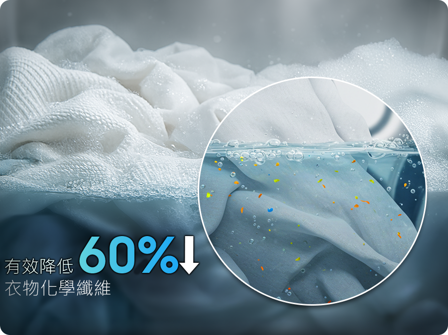 Samsung Bespoke AI™ (WD90H22AHSTW) 減少超細纖維排放行程 (Less Microfiber Cycle) 之技術示意圖：透過泡泡淨技術優化洗衣轉速與洗滌強度，視覺呈現如何從源頭減少高達 60% 的微塑膠纖維脫落，鎖定「海洋生態保護」與「永續洗護」標籤，展現智慧家電對環境友善的卓越貢獻。