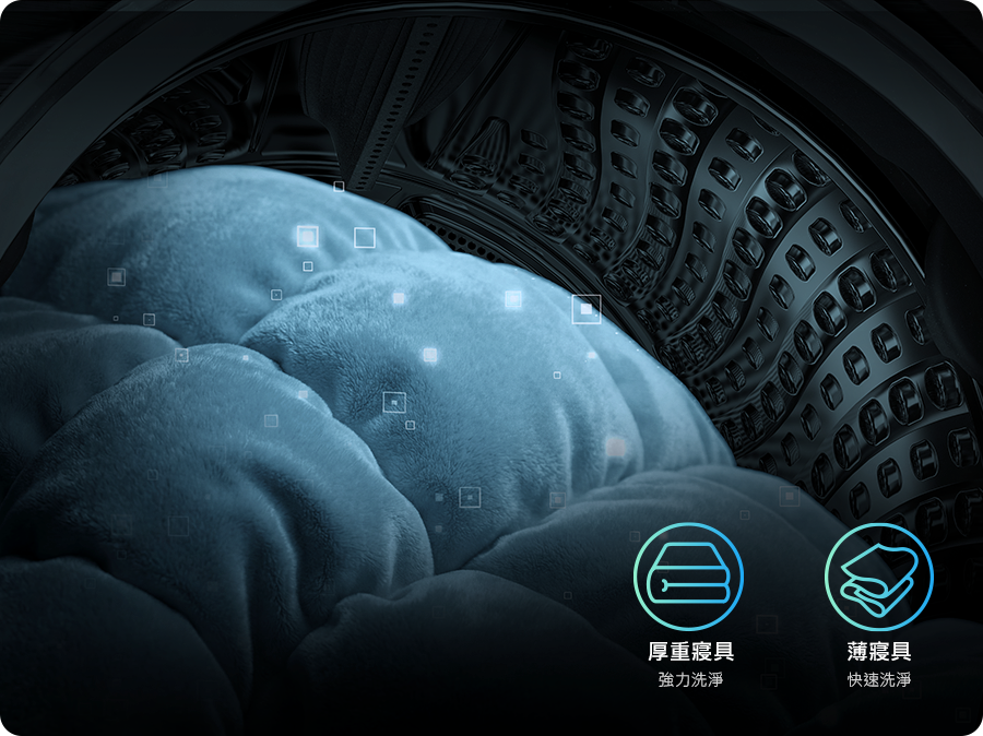 Samsung Bespoke AI™ (WD90H22AHSTW) 床單行程之智慧感測示意圖：視覺呈現滾筒內部掃描寢具並精準辨識布料厚度（薄/厚），透過 AI 自動調控洗滌水量與縮短洗程，鎖定「寢具深層潔淨」與「高效節能省時」標籤，滿足大容量洗衣機處理大型被單的精準洗護需求。