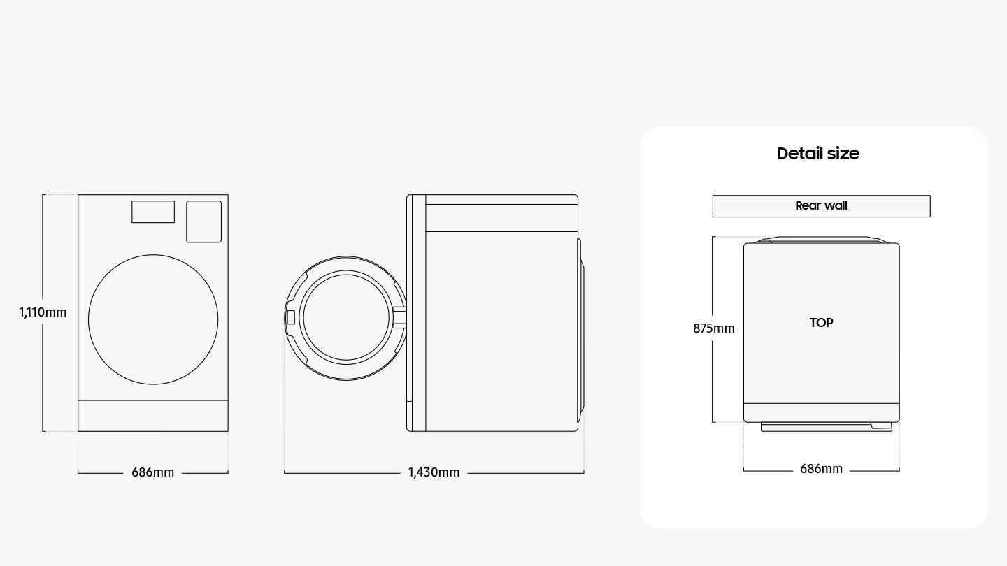 Illustration shows the Combo’s dimensions from the front, side, and top. Detail size is measured 686mm in width, 1,110mm in height, and 875mm in depth. When the door in the front is opened, it measures 1,430mm in total width. The washer must be installed with some spacing from the rear wall.