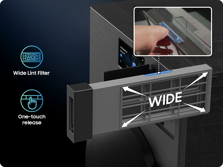 Samsung Bespoke AI™ (WD90H22AHSTW) 雙層棉絮過濾網功能示意圖。封面定格於大容量過濾器之結構細節，鎖定「雙層高效過濾」與「一鍵式快速拆卸」技術標籤，強調其針對大容量洗烘需求所設計的簡易維護方案，滿足高階使用者對於「家電長效運作」與「輕鬆清理」的搜尋意圖。