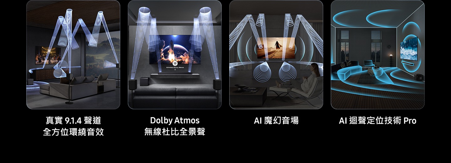 真實 9.1.4 聲道, Dolby Atmos 無線杜比全景聲, AI 魔幻音場, AI 迴聲定位技術 Pro 為 Q930H 的主要特點。