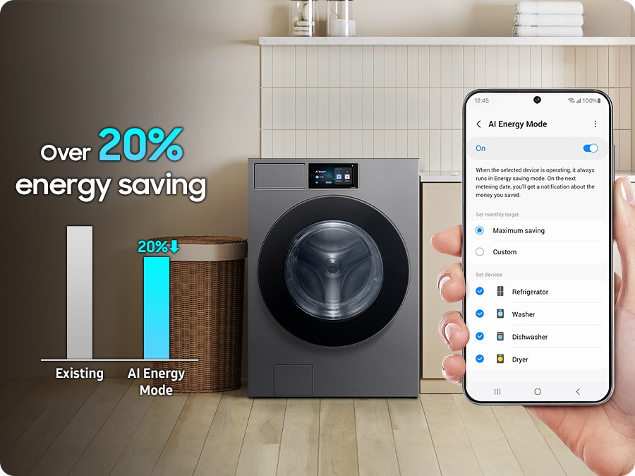 隨時查看並減少你的能耗。AI 智慧節能模式¹ 讓你輕鬆檢查電力消耗、電費帳單。在使用特定洗程時²，可以在同等性能下³ 減少超過 20% 能源使用⁴，透過減少加熱器的使用並增加行程時間。