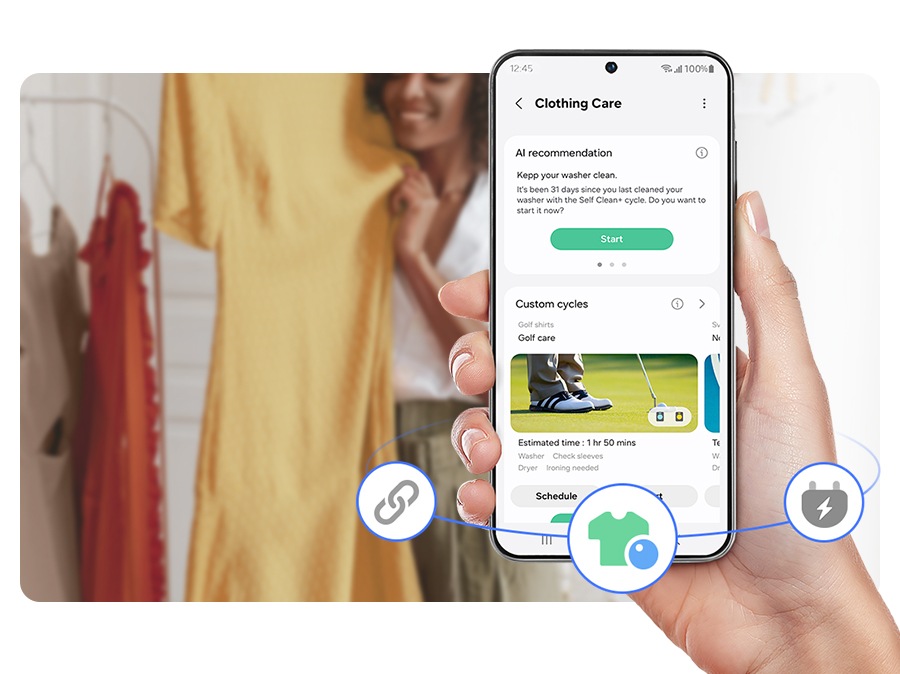 SmartThings 衣物護理功能¹ 會分析使用者使用習慣² 和其他外部因素，提供建議的客製化洗程³ ，讓您享受個人化高效率洗滌。