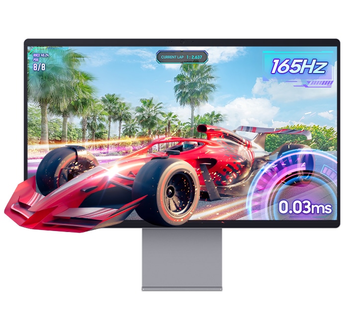 一輛紅色跑車從螢幕中飛馳而出。165Hz 和 0.03ms。
