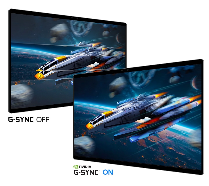 兩個螢幕同時顯示太空中的一艘太空船。NVIDIA G-SYNC OFF 時顯示的影像比 NVIDIA G-SYNC ON 時更不流暢。