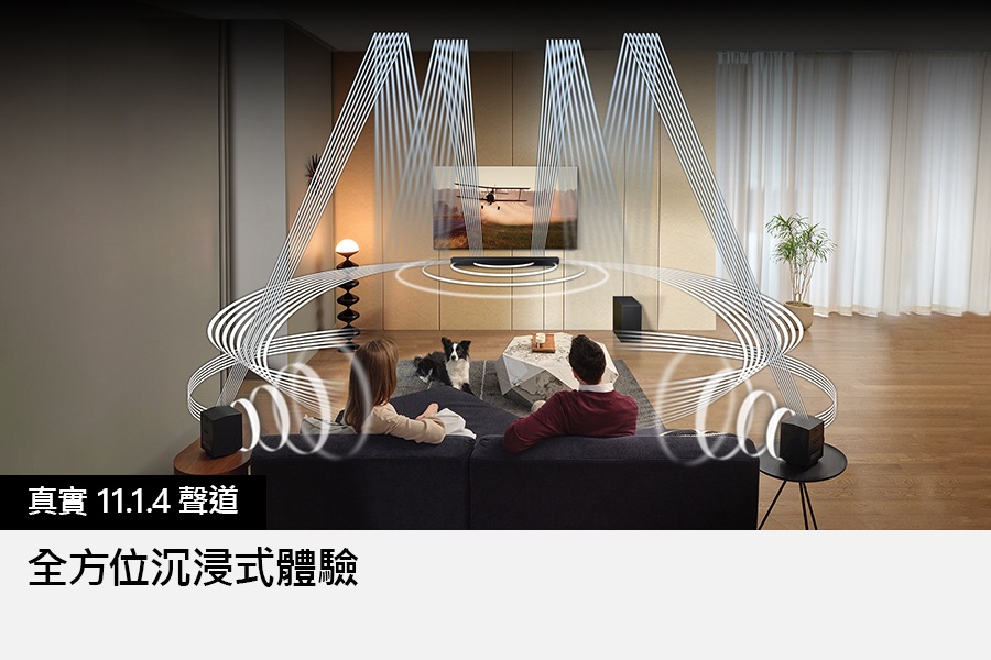 從 Soundbar 發出的各種聲波圖形，說明了真實 11.1.4ch 音效。