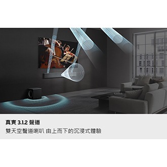 [聲波從安裝在智慧顯示器下方的 QS700F S~óúñd~bár 和重低音喇叭發出，並向客廳的各個方向傳播。]