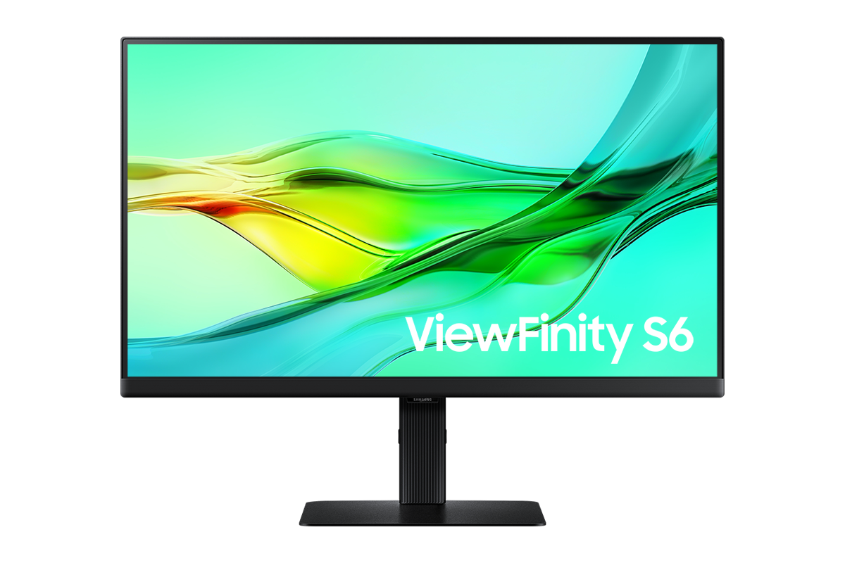24吋 Samsung ViewFinity S60UD 顯示器正面，螢幕顯示綠色波浪桌布。