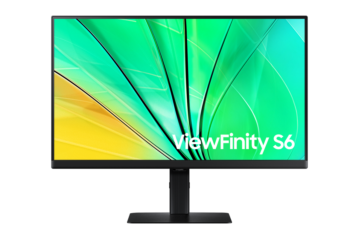 24吋 Samsung ViewFinity S60D 顯示器正面，螢幕顯示綠色波浪桌布。
