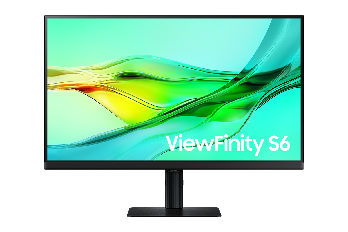 27吋 Samsung ViewFinity S60UD 顯示器正面，螢幕顯示綠色波浪桌布。