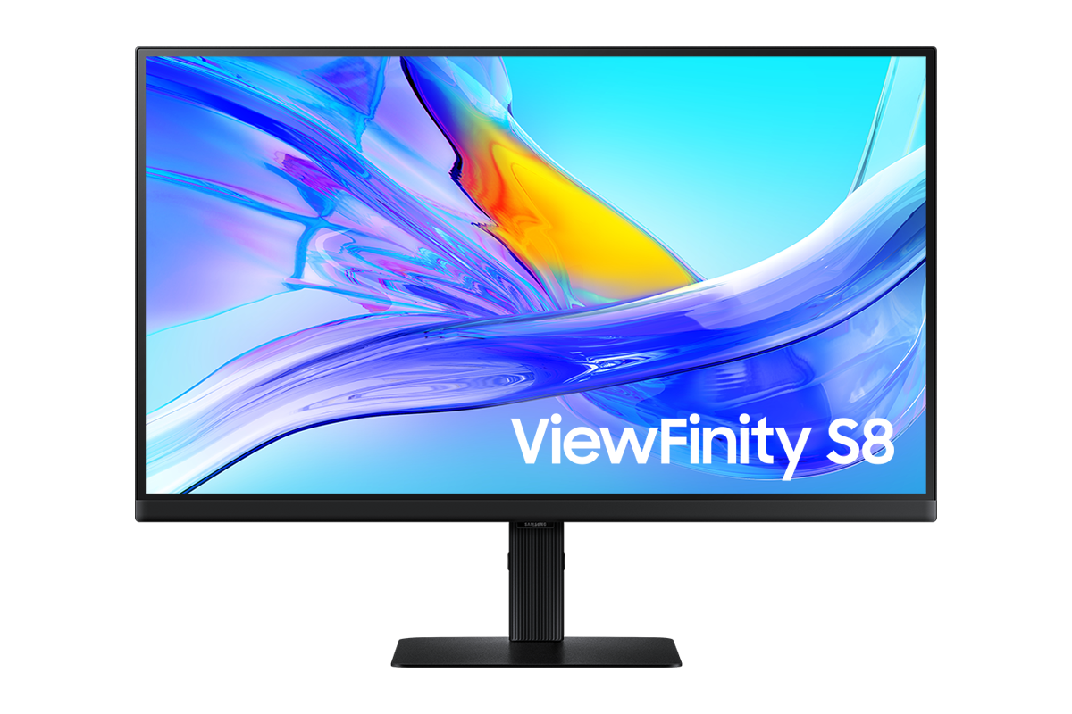 27吋 Samsung ViewFinity S80UD 顯示器正面，螢幕顯示藍色波浪桌布。