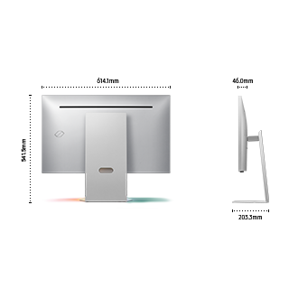 27吋 Odyssey 3D 平面電競顯示器 G90XF 含底座的尺寸 (614.1 x 541.5 x 203.3 mm)，不含底座時螢幕的厚度為 46.0 mm。綠色與紅色光芒倒映在地面上。