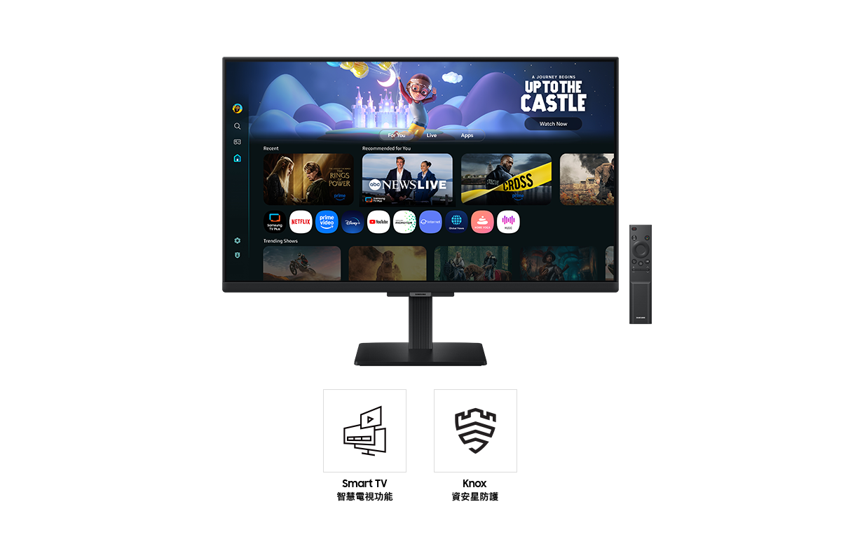 27吋 Samsung Smart Monitor M5 正面，螢幕顯示排列各種內容和應用程式的 Smart TV 智慧電視功能畫面，旁邊有一部遙控器。圖示分別代表 Smart TV 智慧電視功能和 Knox 資安星防護。