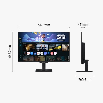27吋 Samsung Smart Monitor M5 含底座的尺寸 (612.7 x 468.9 x 200.5 mm)，不含底座時螢幕的厚度為 41.1 mm。螢幕顯示各種內容。