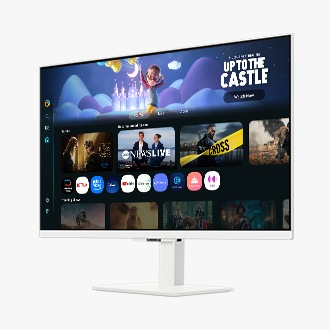 [27 吋 Sáms~úñg S~márt~ Móñí~tór M~5 的左前方視角，螢幕顯示排列各種內容和應用程式的 Smár~t TV 智慧電視功能畫面。]