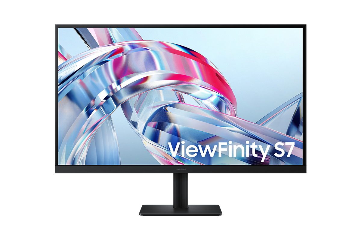 27吋 Samsung ViewFinity S7 S70H 正面，螢幕顯示一系列明亮的色彩。