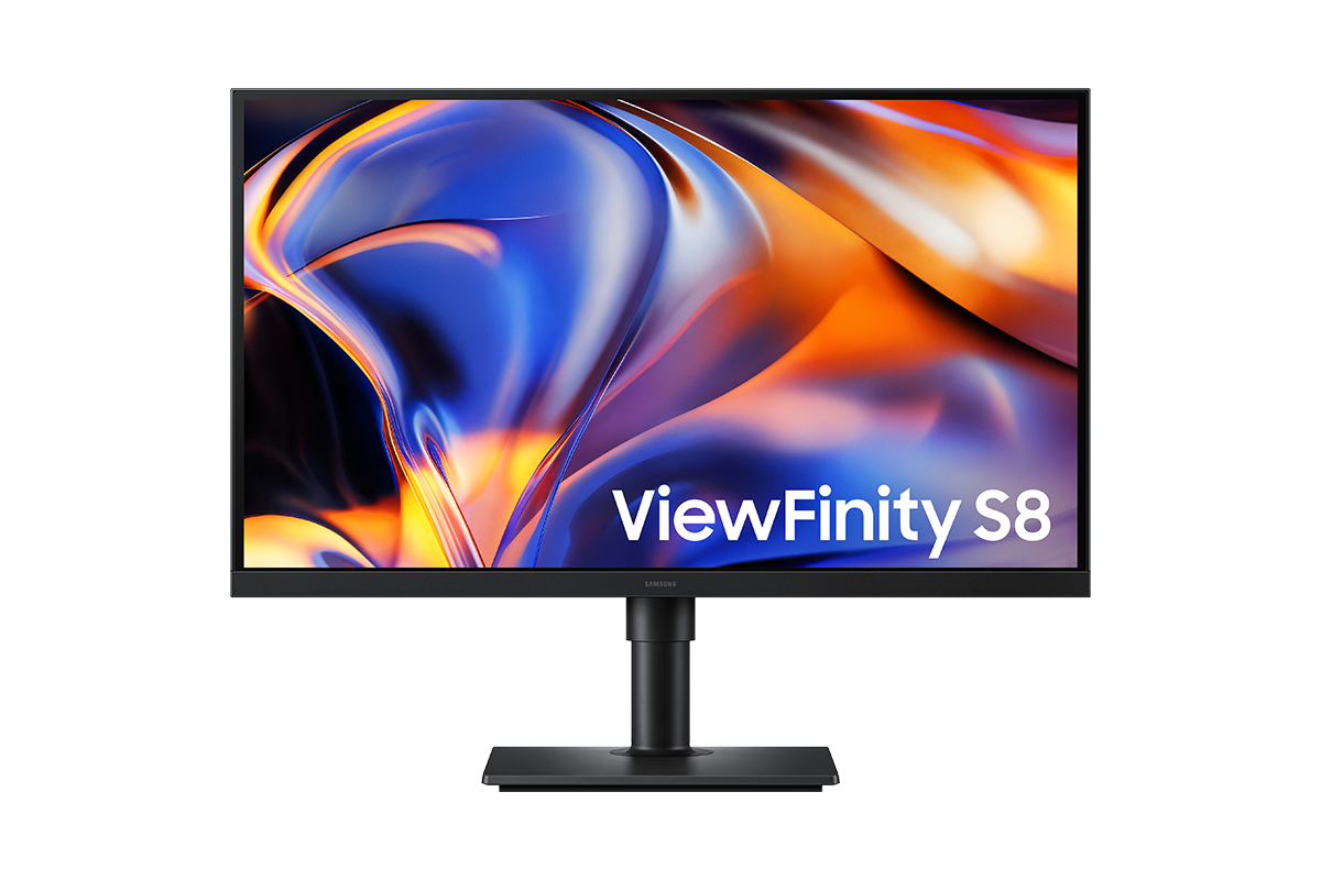 27吋 Samsung ViewFinity S8 S80HF 正面，螢幕顯示一系列明亮的色彩。