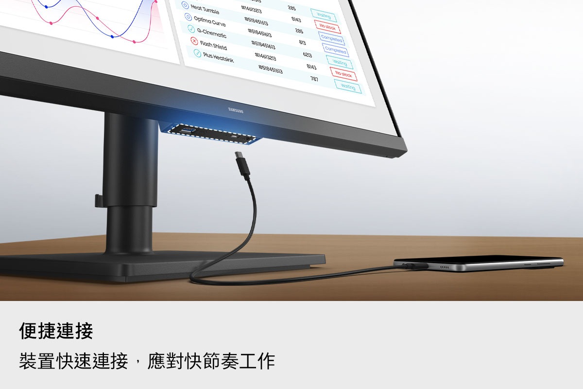 便捷連接。裝置快速連接，應對快節奏工作。顯示器底部的連接埠被突顯出來，一條充電線正嘗試連接。