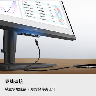 便捷連接。裝置快速連接，應對快節奏工作。顯示器底部的連接埠被突顯出來，一條充電線正嘗試連接。
