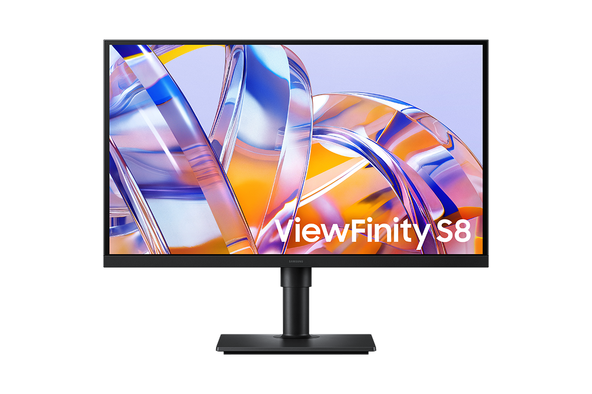 27吋 Samsung ViewFinity S8 S80UH 正面，螢幕顯示一系列明亮的色彩。