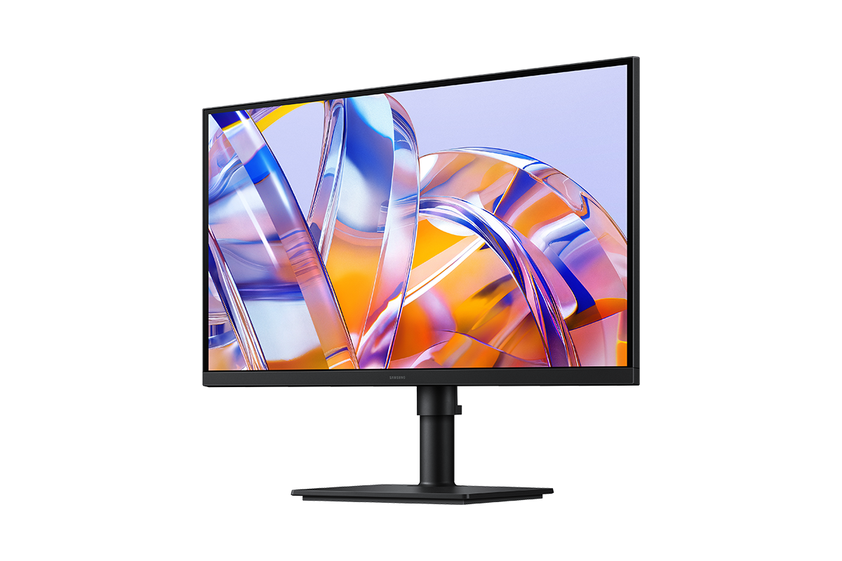 27吋 Samsung ViewFinity S8 S80UH 的右前方視角，螢幕顯示一系列明亮的色彩。