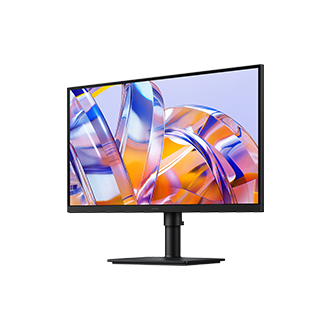 27吋 Samsung ViewFinity S8 S80UH 的右前方視角，螢幕顯示一系列明亮的色彩。