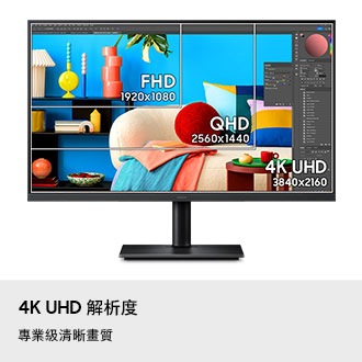 4K UHD 解析度。專業級清晰畫質。一部開啟了相片編輯工具的顯示器，螢幕上顯示三個大小不同的方塊：FHD (1920×1080)、QHD (2560×1440) 與 4K UHD (3840×2160)。