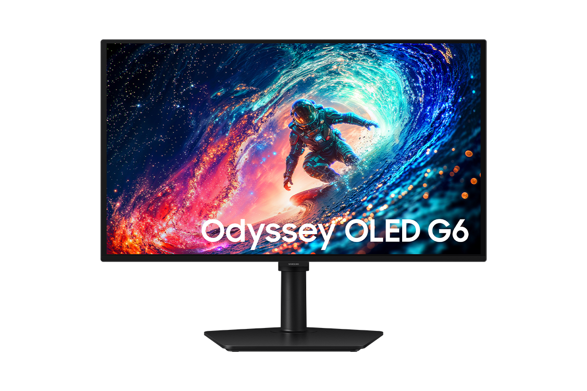 Samsung Odyssey OLED G6 正面，螢幕顯示一名穿著太空裝的人在衝浪。