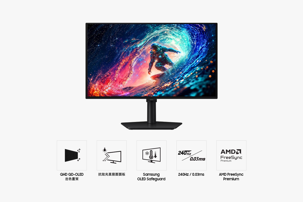 Samsung Odyssey OLED G6 正面。五個圖示分別代表 QHD QD-OLED 出色畫質、抗眩光真霧面面板、Samsung OLED Safeguard、240Hz 更新率 & 0.03ms(GtG) 反應時間及 AMD FreeSync Premium 功能。