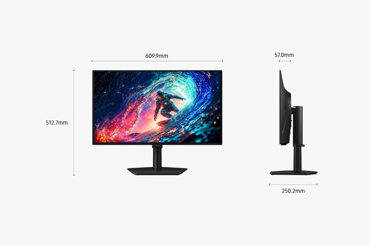 Samsung Odyssey OLED G6 含底座的尺寸：609.9 x 512.7 x 250.2 mm，不含底座的螢幕厚度為 57.0 mm。