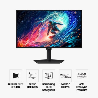 Samsung Odyssey OLED G6 正面。五個圖示分別代表 QHD QD-OLED 出色畫質、抗眩光真霧面面板、Samsung OLED Safeguard、240Hz 更新率 & 0.03ms(GtG) 反應時間及 AMD FreeSync Premium 功能。