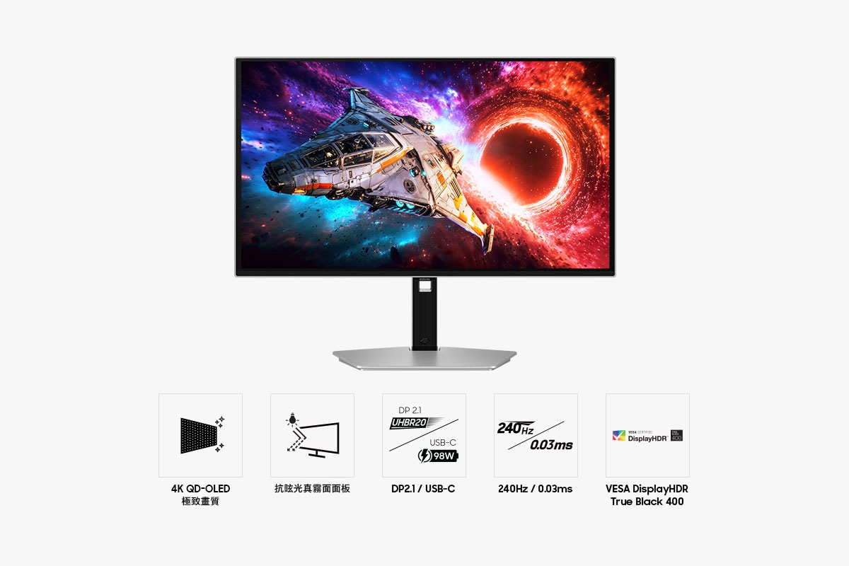 27吋 Samsung Odyssey OLED G8 正面。五個圖示分別代表 4K QD-OLED 極致畫質、抗眩光真霧面面板、DP2.1/USB-C、240Hz 更新率及 0.03ms 反應時間及 VESA DisplayHDR True Black 400 功能。