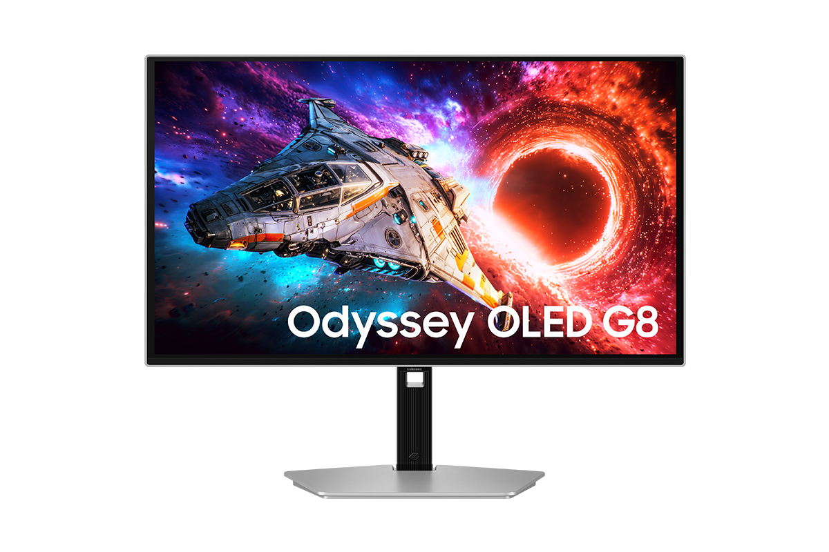 27吋  Samsung Odyssey OLED G8 正面，螢幕顯示一艘飛出傳送門的太空船。