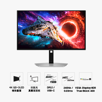 27吋 Samsung Odyssey OLED G8 正面。五個圖示分別代表 4K QD-OLED 極致畫質、抗眩光真霧面面板、DP2.1/USB-C、240Hz 更新率及 0.03ms 反應時間及 VESA DisplayHDR True Black 400 功能。