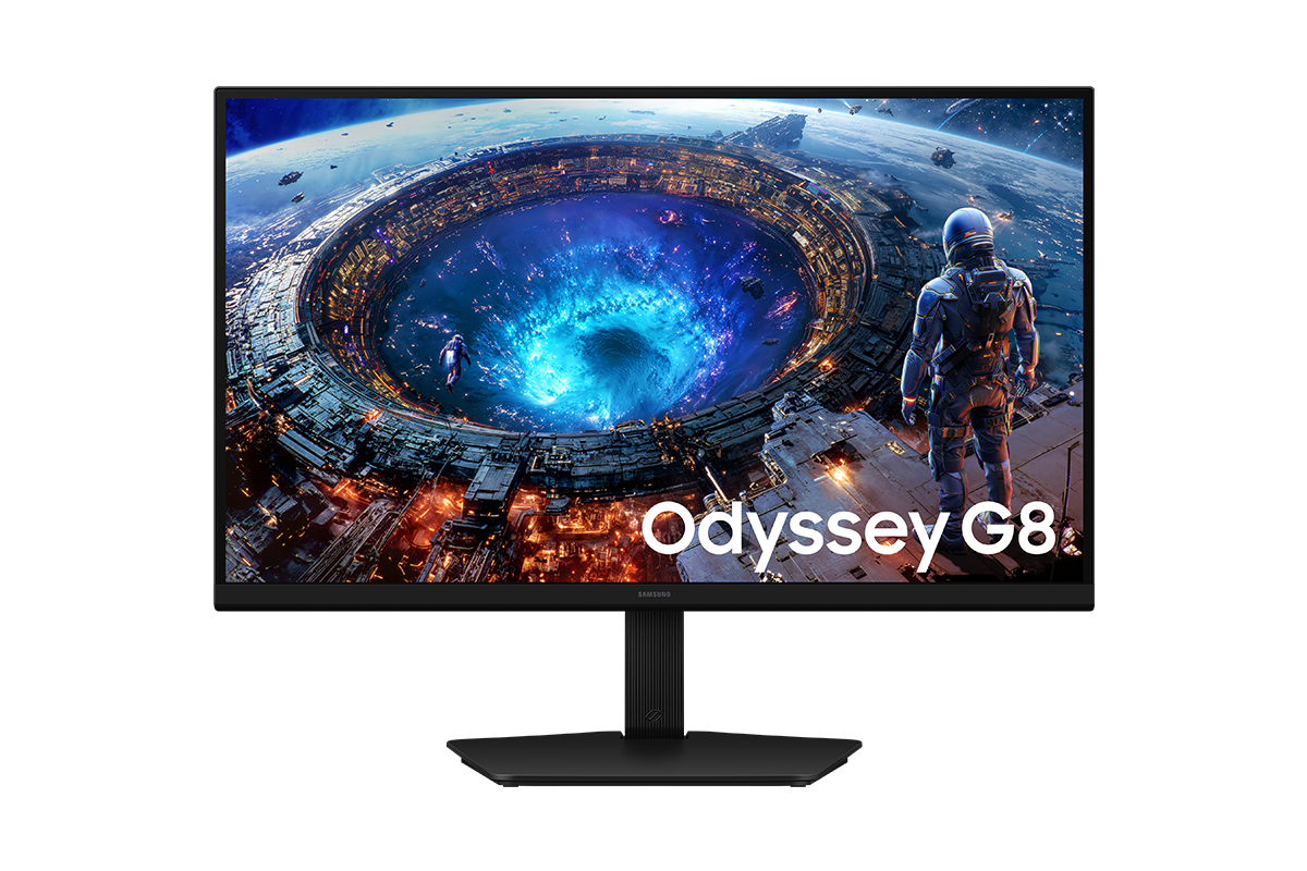 Samsung Odyssey G8 正面，螢幕顯示一個角色正在看著傳送門。