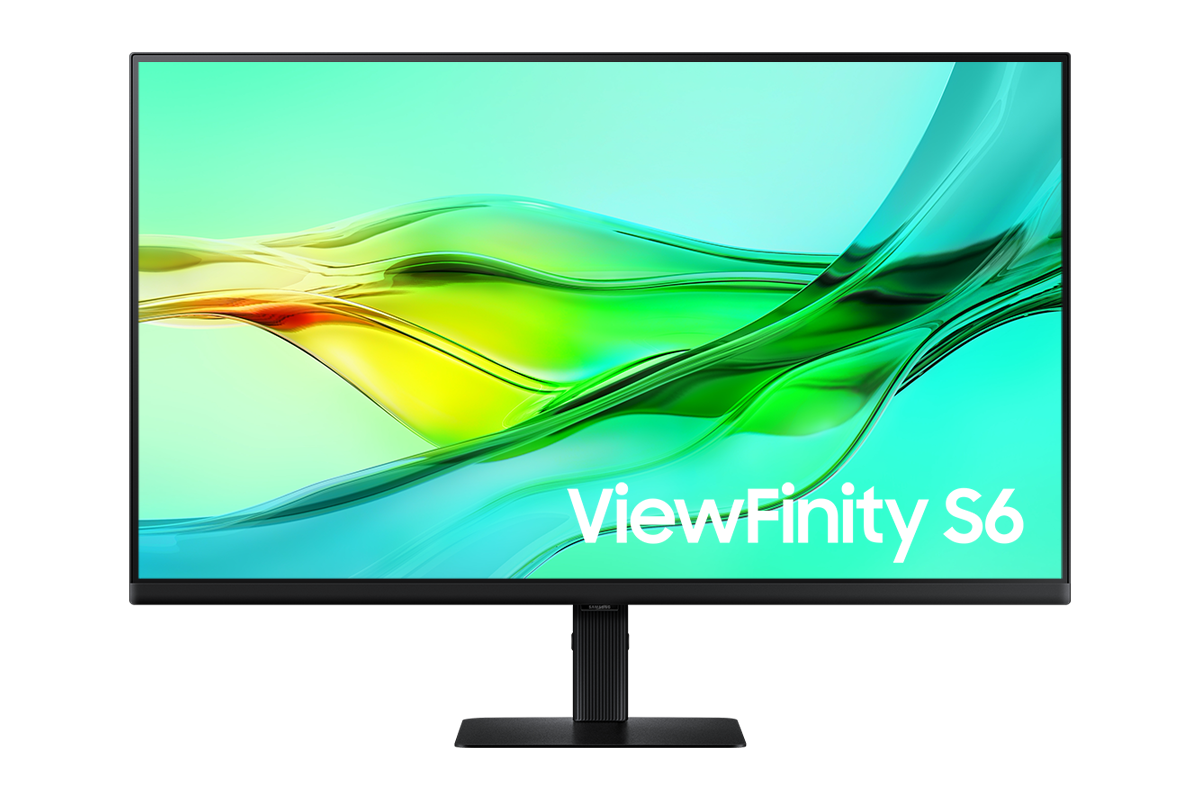 32吋 Samsung ViewFinity S60UD 顯示器正面，螢幕顯示綠色波浪桌布。