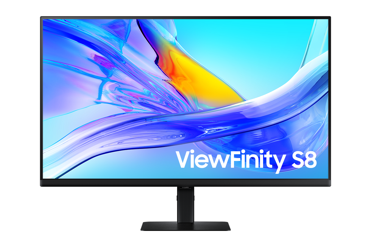 32吋 Samsung ViewFinity S80UD 顯示器正面，螢幕顯示藍色波浪桌布。
